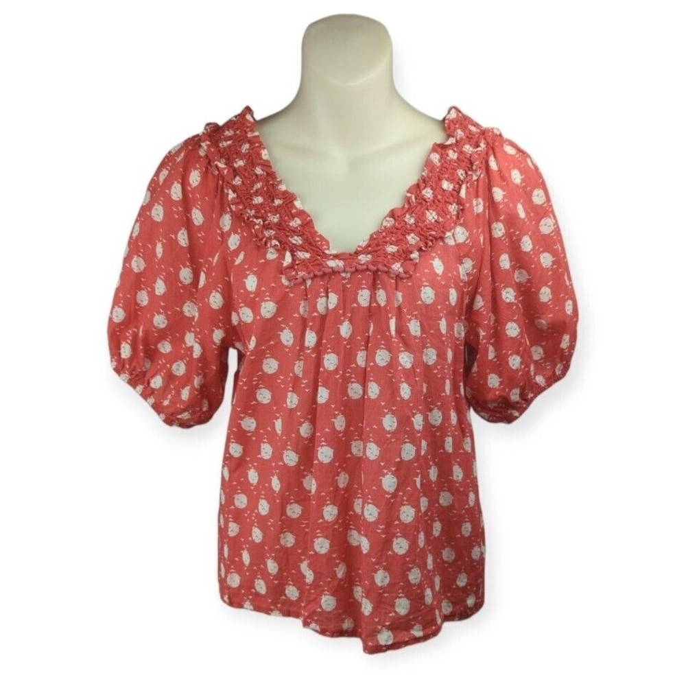 Edme & Esyllte To The Sun Blouse Top Red Bird Print Polka Dot Puff Sleeve XS - Picture 4 of 8
